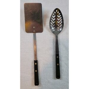 Vintage Utensil Stainless Steel Spatula Slotted Spoon Wood Handle EKCO Flint